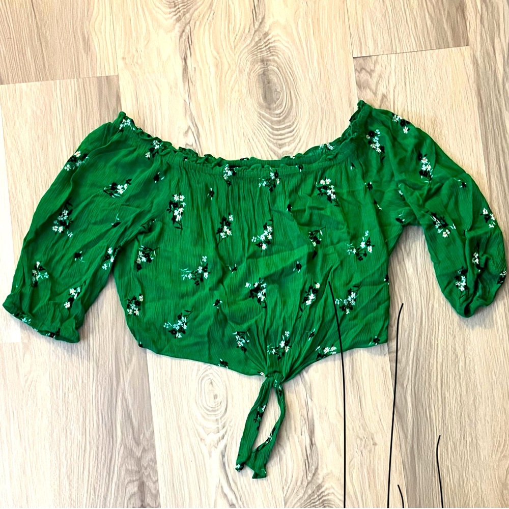 Off the shoulder three quarter sleeve floral blouse with front tie